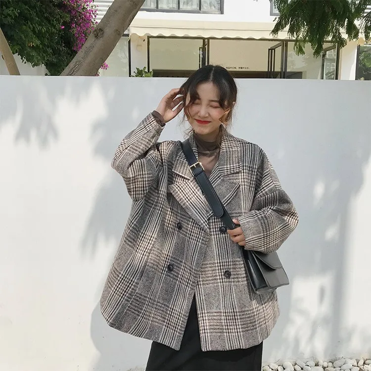 Lattice Woolen tops Suit collar coat Autumn New 4XL Double-breasted elegant Womens coats Large size Youth clothing trend
