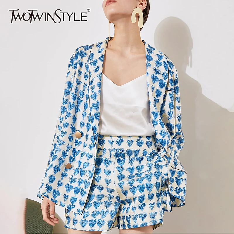 

TWOTWINSTYLE Elegant Print Blazer Shorts Suits Female Flare Sleeve Coats Tops High Waist Shorts Two Piece Sets Women Fashion New