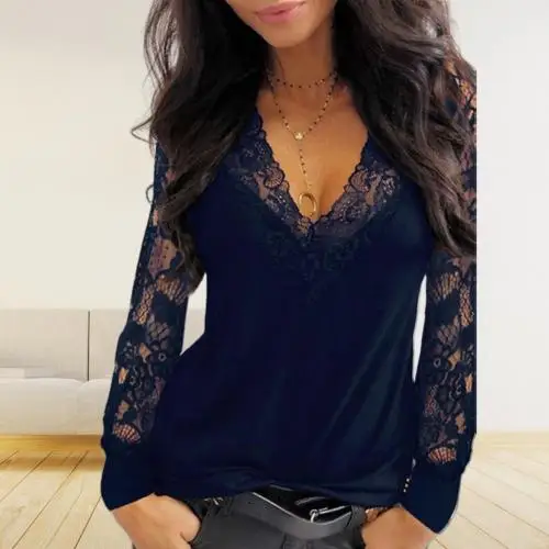 Female Tops Pullover Sexy Women Deep V Neck Lace Trim See Through Long Sleeve Blouse Top Blouse Solid Vintage Blouse Shirts 2021 women's shirts & tops