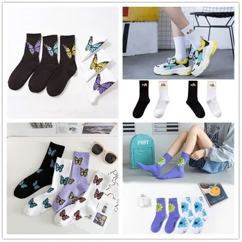 

Butterfly Women Sock Crew Ladies Fashion Socks White Unisex Crew Casual Japanese Cotton Sox Girls Spring Autumn Trendy Skarpetki