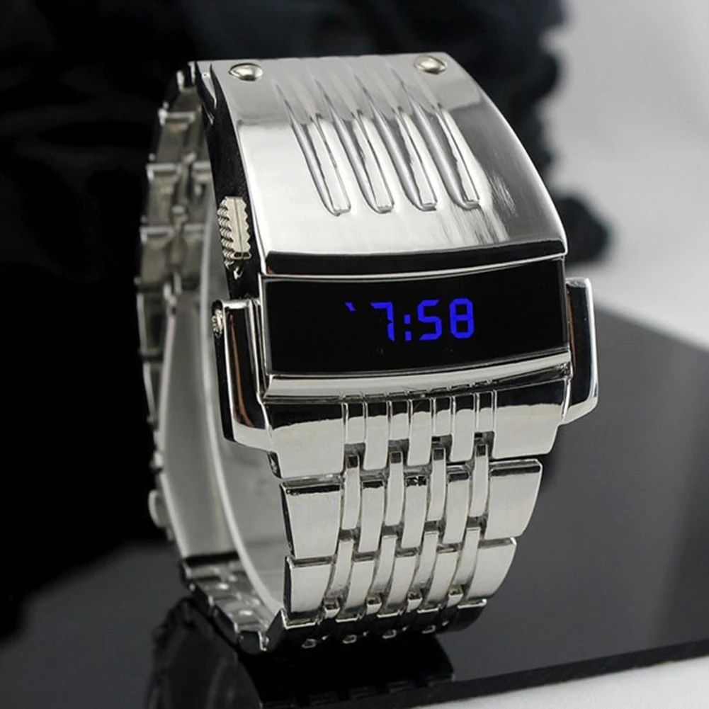 Fashion Electronic Watch Blue LED Display Wide Stainless Steel Band Men Digital Wrist Watch Gift Часы Мужские