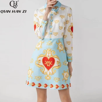 

Qian Han Zi 2020 New Designer Spring Fashion Dress Women's Long Sleeve Print Casual Diamonds Button Slim Elegant Mini Dress