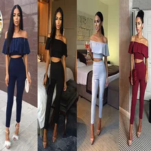  Summer Casual Solid Two Piece Set Sexy Slash Neck Ruffles Crop Top High Waist 3/4 Leggings Suits Tracksuit Women 