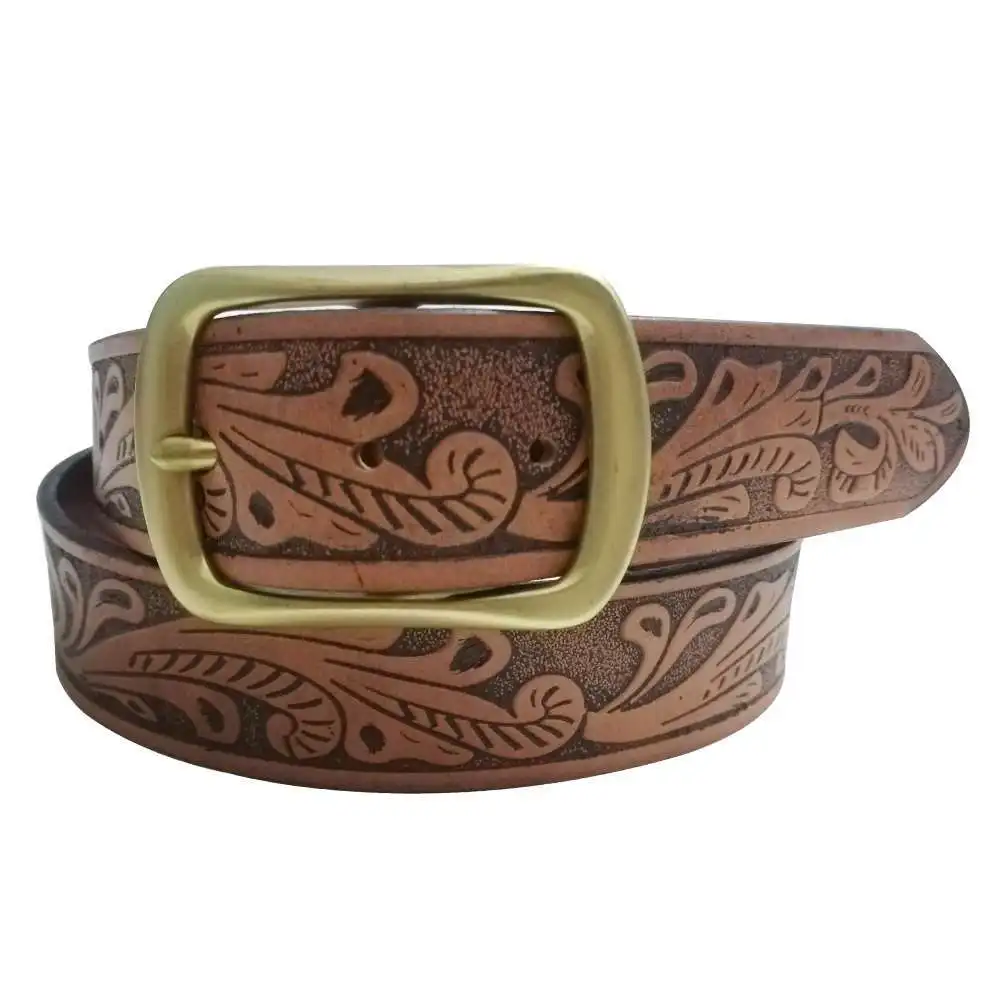

Brown Embossed Flower Pattern Western Cowboy Large Waist Geniune Leather Vegetable Tanned Leather Belt with Soild Brass Buckle