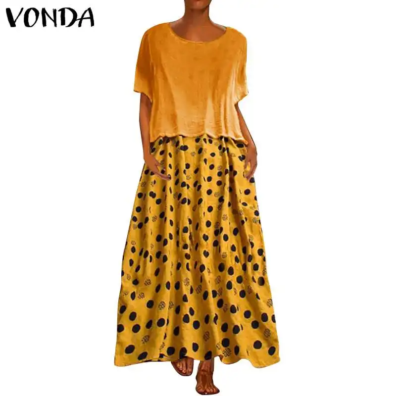 Пляжное платье VONDA, женские летние сарафаны, винтажное богемное платье с короткими рукавами и принтом, большие размеры, повседневные свободные вечерние платья, Vestido - Цвет: Цвет: желтый