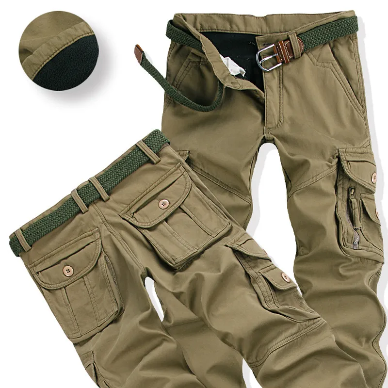 016 khaki Мужские зимние брюки толстые теплые брюки-карго Повседневное флисовые карманы меховой брюк плюс размер 38 40 Мода Свободные мешковатые Joger работника мужской - Цвет: 016 khaki