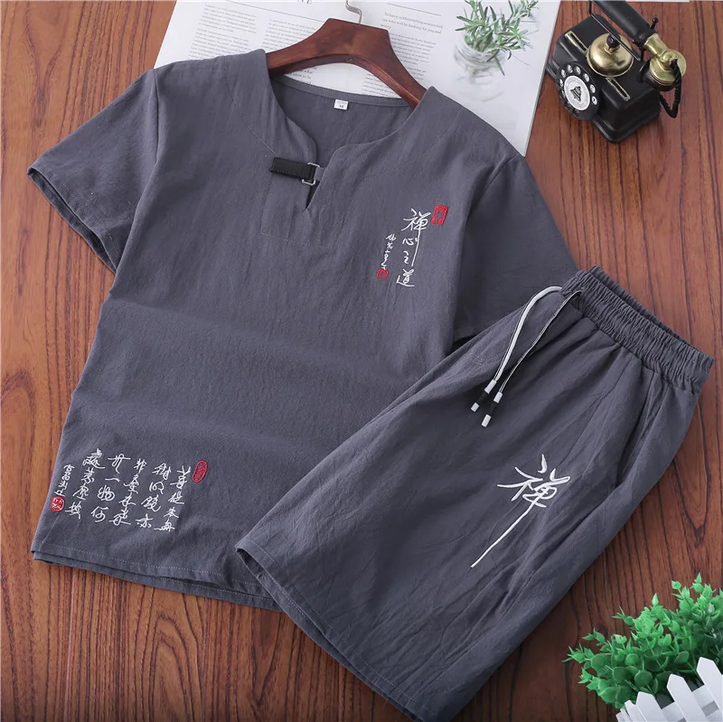 

2019 Chinese-style Summer New Style Flax Set Men Cotton Linen Zen Word Embroidered Short Sleeve T-shirt Shorts Set