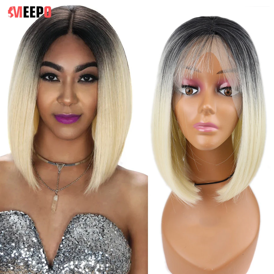 

Meepo 14Inch Short Straight Wigs Human Hair Feeling Synthetic Wig Natural Hairline Ombre Blonde Color Machine Made Fast Shipping