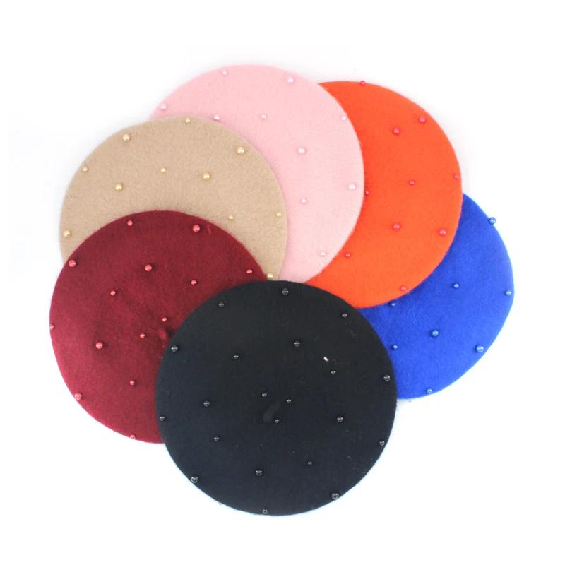 Fashion Wool Baby Hat with Pearls Candy Color Retro Baby Girl Cap Kids Beret Hats for Girls 3-8 Years 1PC
