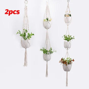 

2PCS 100% Handmade Macrame Plant Hanger Flower/Pot Hanger Planter Decor Basket Courtyard Wall Hanging Garden For Hanging