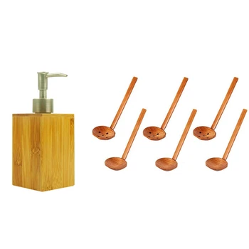 

1 Pcs Bamboo Soap Dispenser Lotion Storage Bottle & 6 Pcs Spoon and Colander with Long Handle Home Tableware