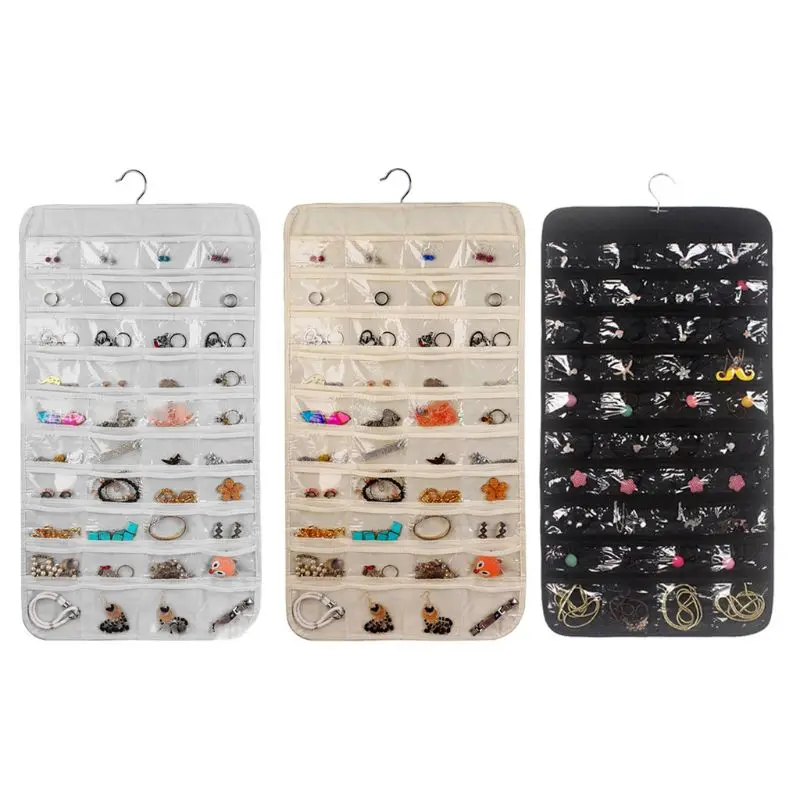 80 Pockets Double Sided Hanging Jewelry Display Foldable Organizer Storage Bag 80 pockets double sided jewelry storage bag display closet organizer hanging holder for dress earrings necklace ring bracelet