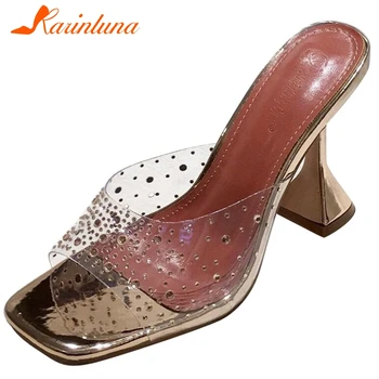 

KARINLUNA Sexy Girl 2020 Slip On Sandals Open Toe Pvc Rhinestone Slip On High Heels Summer Women Sandals Party Women Shoes