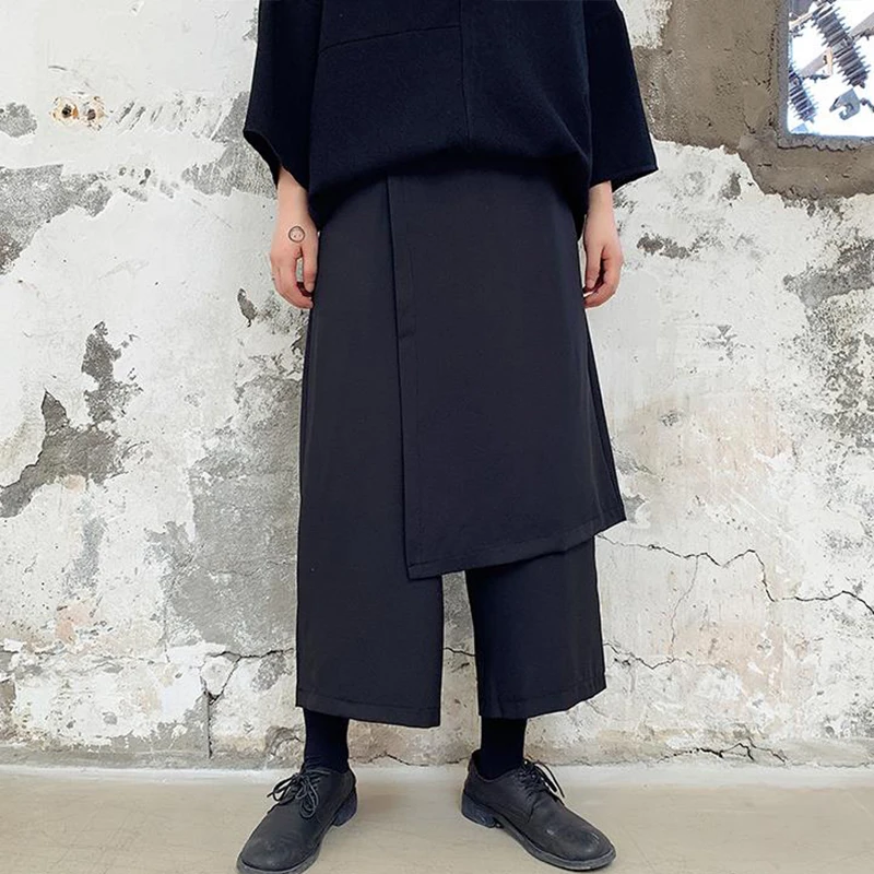 Men's pants spring/summer loose wide-leg pants slacks culottes for men fake two pieces of nine-minute pants plus size