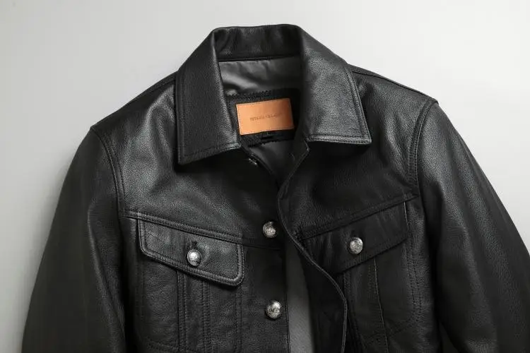 Free shipping.Men black classic casual goatskin jacket.quality slim short outdoor leather coat.fashion leather cloth.sales real sheepskin coat