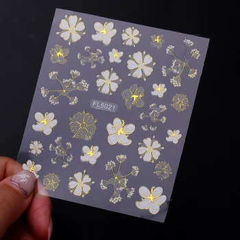 

1 Sheet 3D Nail Sticker Flower Leaf Stamping Series Nail Decals Summer Gold White Nail Art Adhesive Stickers Decorarion