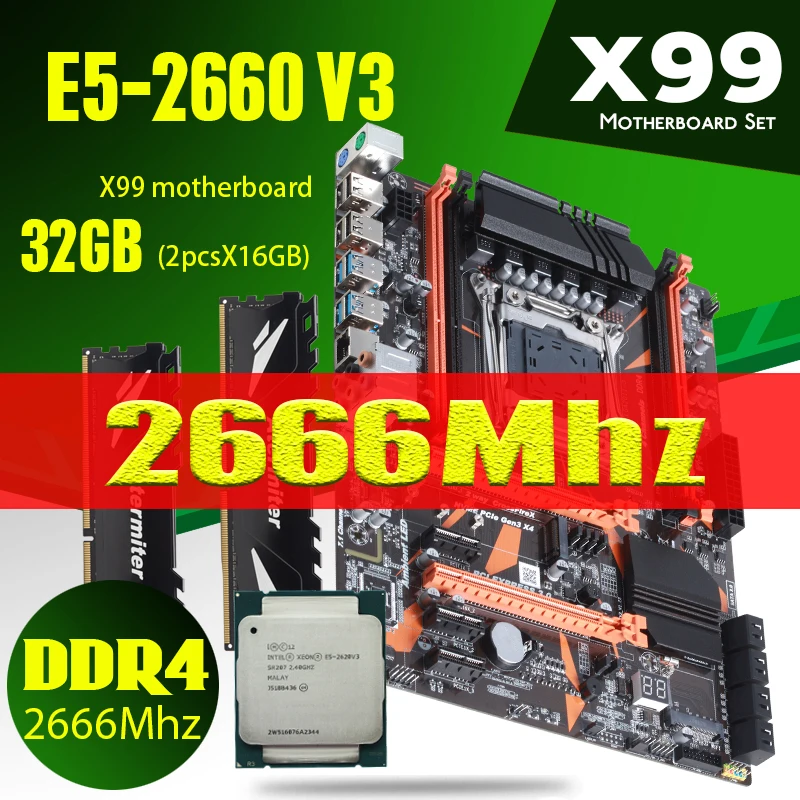 atermiter x99 комплект PC4 Материнская плата Xeon E5 2660 V3 LGA2011 3 CPU 2X 16GB = 32GB 2666MHz память