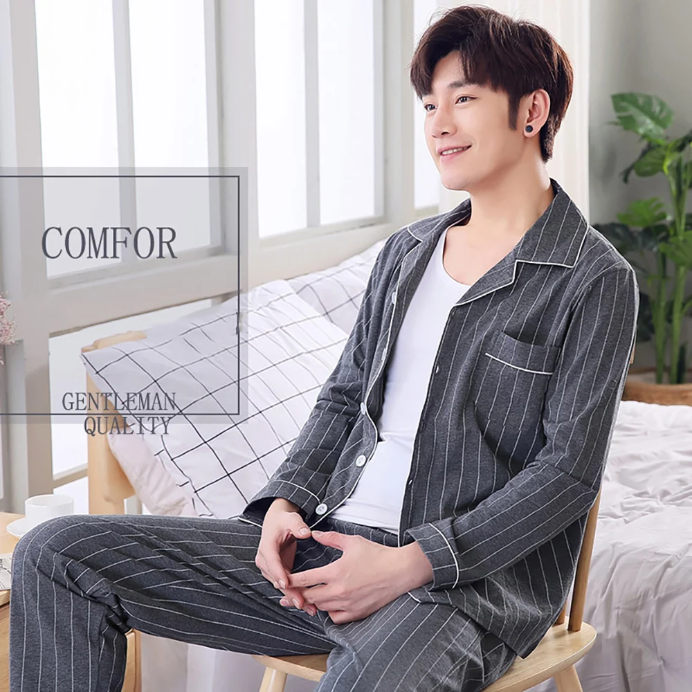 silk pajama set Spring Autumn Pajama Sets Suit Knitted Cotton Casual Long Sleeve Sleepwear Plaid Home Wear Plus Size Comfortable Pajamas For Men mens sleepwear set