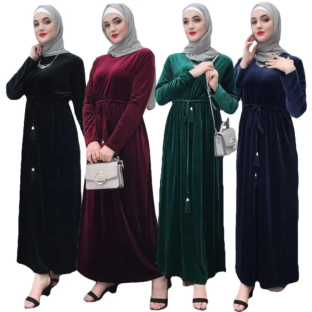 Dubai Women Muslim Long Sleeve Dress Maxi Islamic Jilbab Velvet Kaftan With Belt Tassel Prayer Lady Gown Clothing Middle East