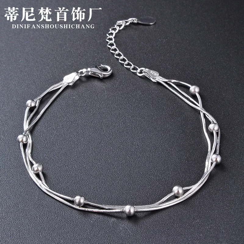 

Japanese And Korean Style Fashion Hand Jewelry S925 Fine Silver Simple Cool Multilayer round Beads Bracelets Students Versatile