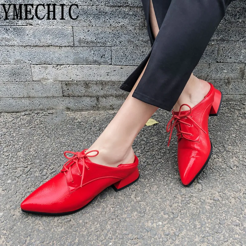 

2019 Spring Red Black Heels Womens Shoes Plus Size Lacing Pointed Toe Chunky Medium Heel Pumps Daily Casual Ladies Shoes