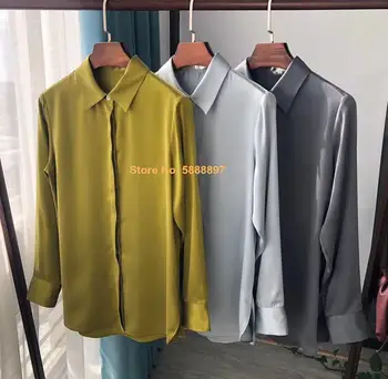 

Early Autumn 100% Silk Crepe Satin Shirt Bright Women Long Sleeve Turn-down Collar Single Breasted Office Ladies Blouse