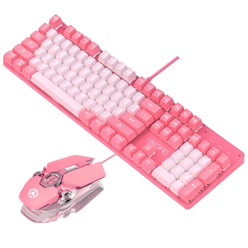 2 in 1 Girly Kawaii Pink Combos 104 Keys Mechanical Gaming Keyboard with  White Lighting Wired USB 3200DPI Mice RGB Light