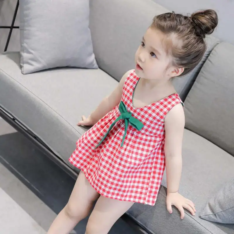 Summer Girls Dresses Casual Sleeveless Lovely Bowknot Lattice Cotton