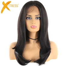 Натуральный черный Цвет 13x4 кружево парики для Для женщин X-TRESS длинные прямые Синтетические волосы на кружеве синтетические волосы парик Средний/ часть с детскими волосами