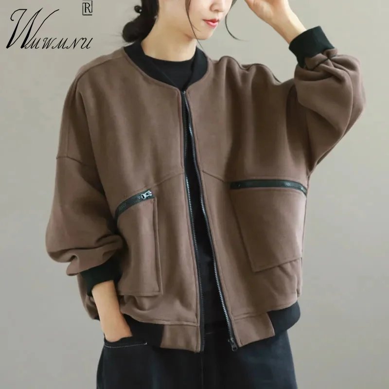 

Oversize 95kg Vintage Brown Jacket Women Cropped Coat Mom Solid Casual Baseball Outerwear Zipper Pocket Fashion Short Cardigan