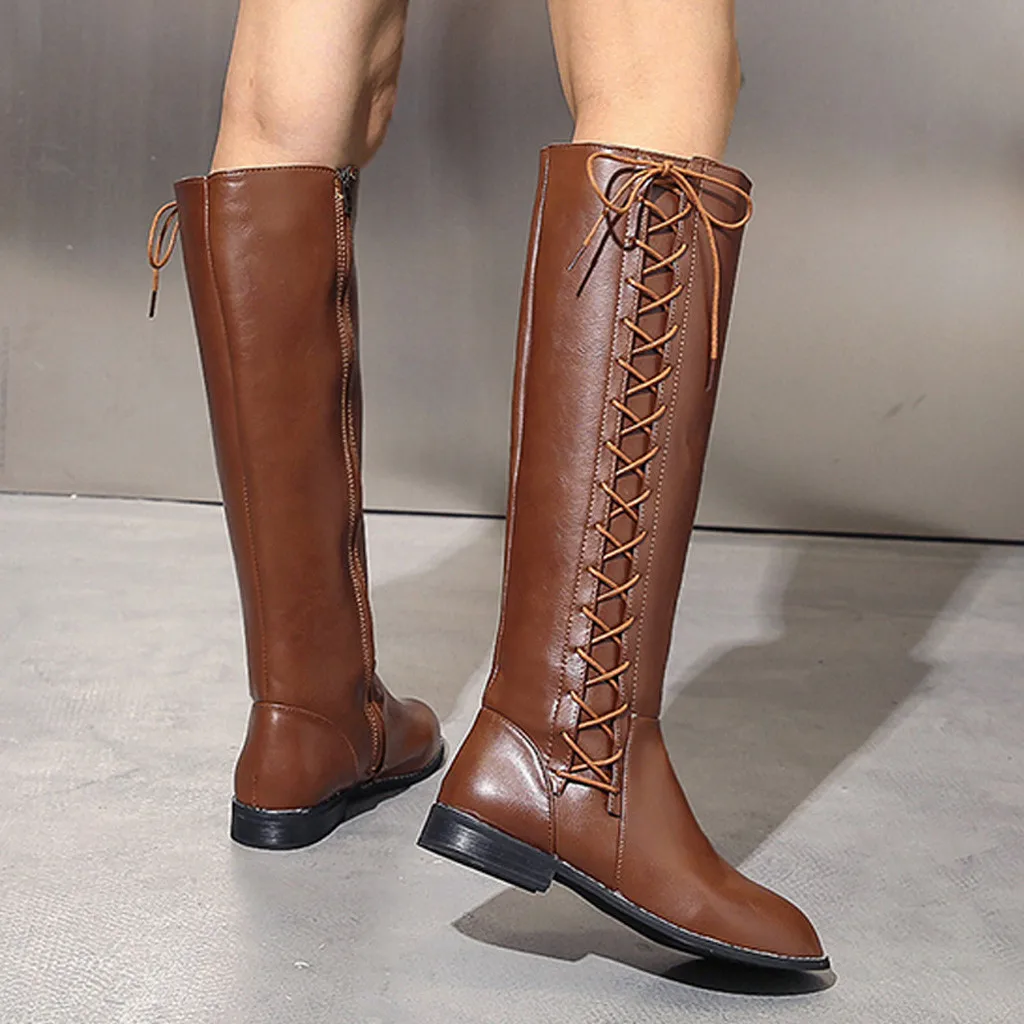 Женские сапоги кожаные высокие сапоги на молнии с квадратным каблуком сапоги до колена с круглым носком и перекрестными ремешками модная женская обувь; большие размеры; C50