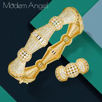 

ModemAngel New Arrive Luxury Bamboo Shape Super Cubic Zriconia Width Bracelet Bangle Ring Set Saudi Arabic Dubai Bangle Ring