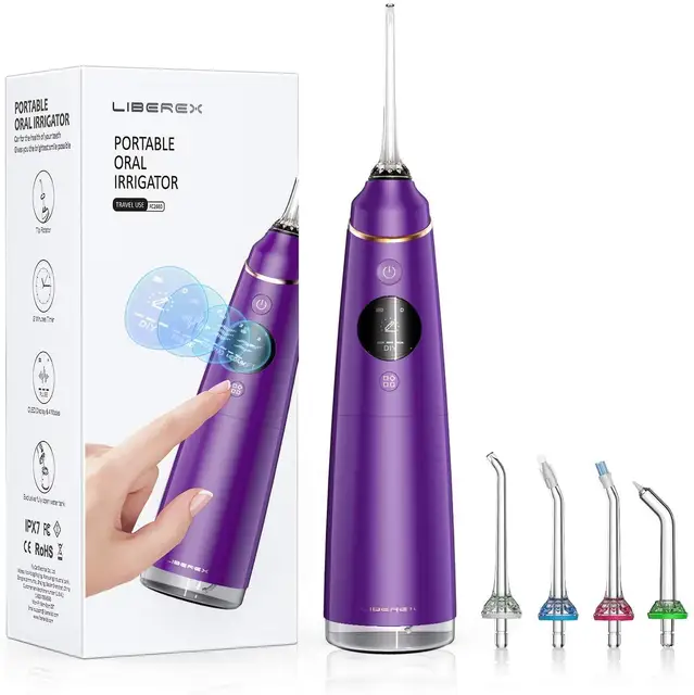 Liberex IPX7 Oral Irrigator Portable Dental Water Jet USB Rechargeable Water Flosser Waterproof Teeth Cleaner for Cleaning Teeth Purple