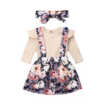 

3-24M Newborn Infant Kid Baby Girl Ruffle Long Sleeve Tops Romper Floral Strap Skirt Headband Princess Outfits Girl Clothes 3Pcs