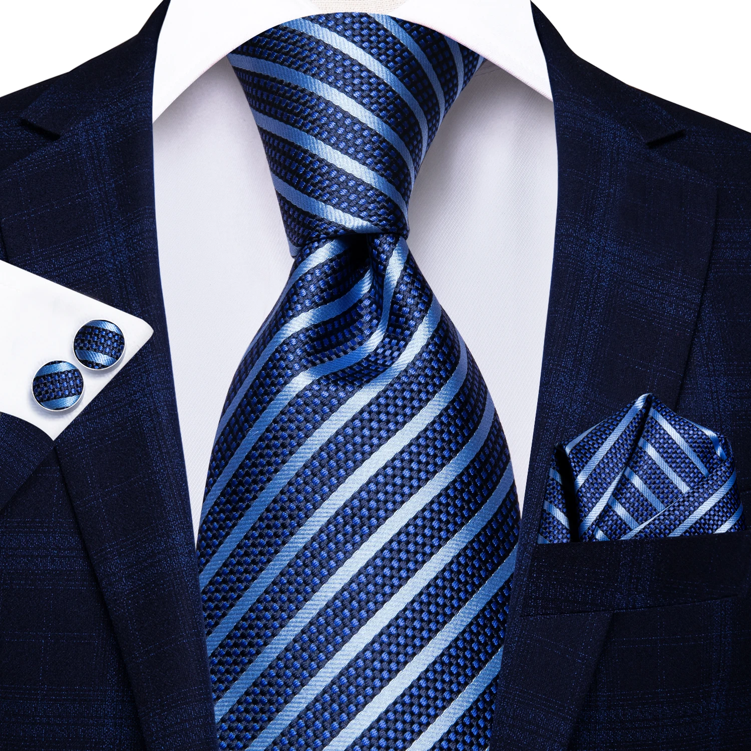 Hi-Tie Necktie With Box Navy Blue Striped Paisly Silk Wedding Tie For Men Hanky Cufflinks Gift Nicktie Set Business