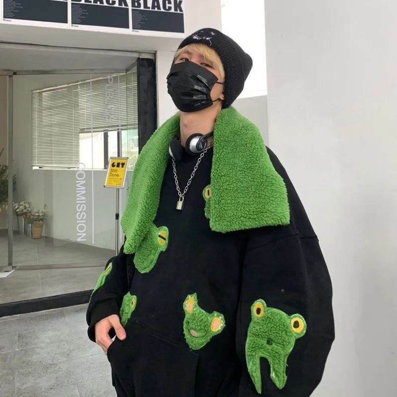 Frog Embroidery Pullover Sweater with Scarf for Men and Women Couples Harajuku Japanese Streetwear Men's Sweaters Couple Wear