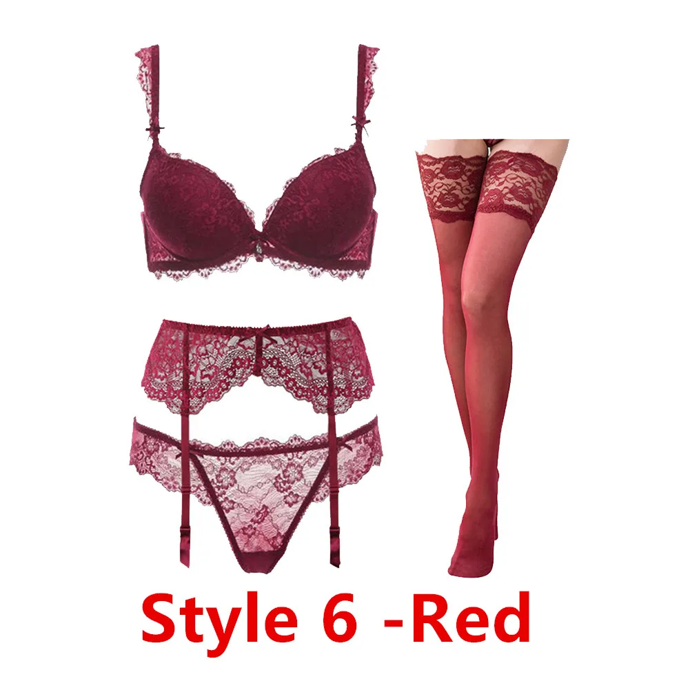push up red Сексуальный кружевной тонкий хлопковый комплект с бюстгальтером(бюстгальтер+ трусики+ пояс с подвязками+ чулок), 4 шт./лот, комплект нижнего белья - Цвет: push up red
