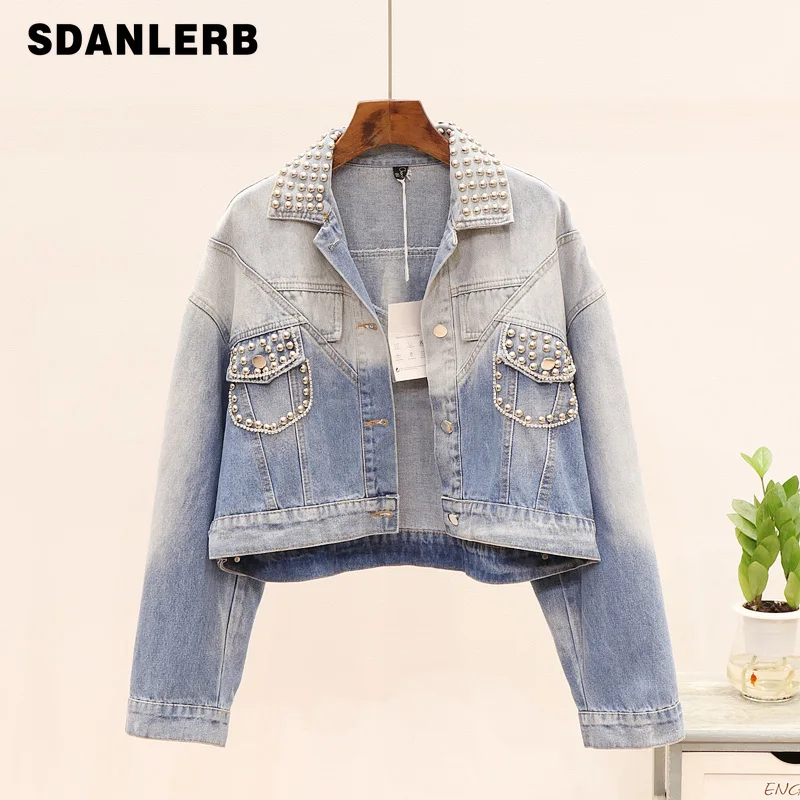 

Spring Autumn New Fashion Heavy Rivet Studded Short Denim Jacket Women's Loose Jackets Female Lady Cool Streetwear Jean Coats