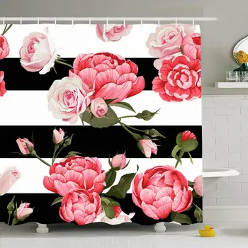 

Shower Curtain Set with Hooks 72x72 Colorful Peony Flowered Rose Roses Pattern 1 Summer Nature Stripes Black Pink Textures