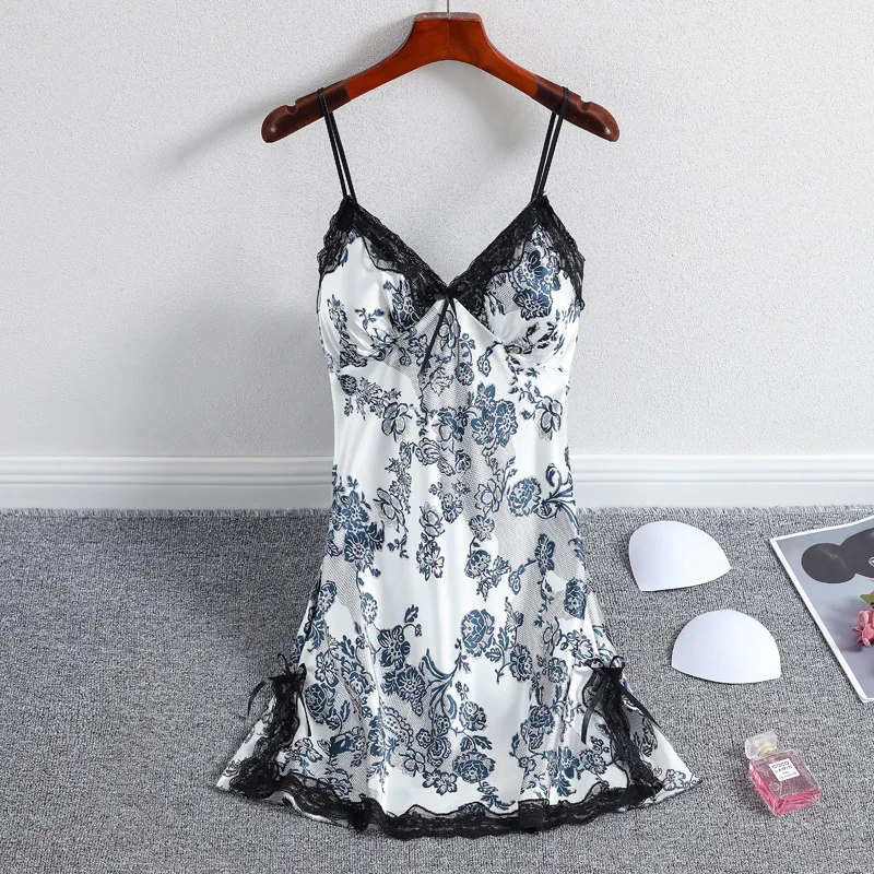 

Women Sexy Mini Suspender Nightdress Lace Trim Split Home Dress Bathrobe Chinese Style Print Flower Nightgown Satin Sleepwear