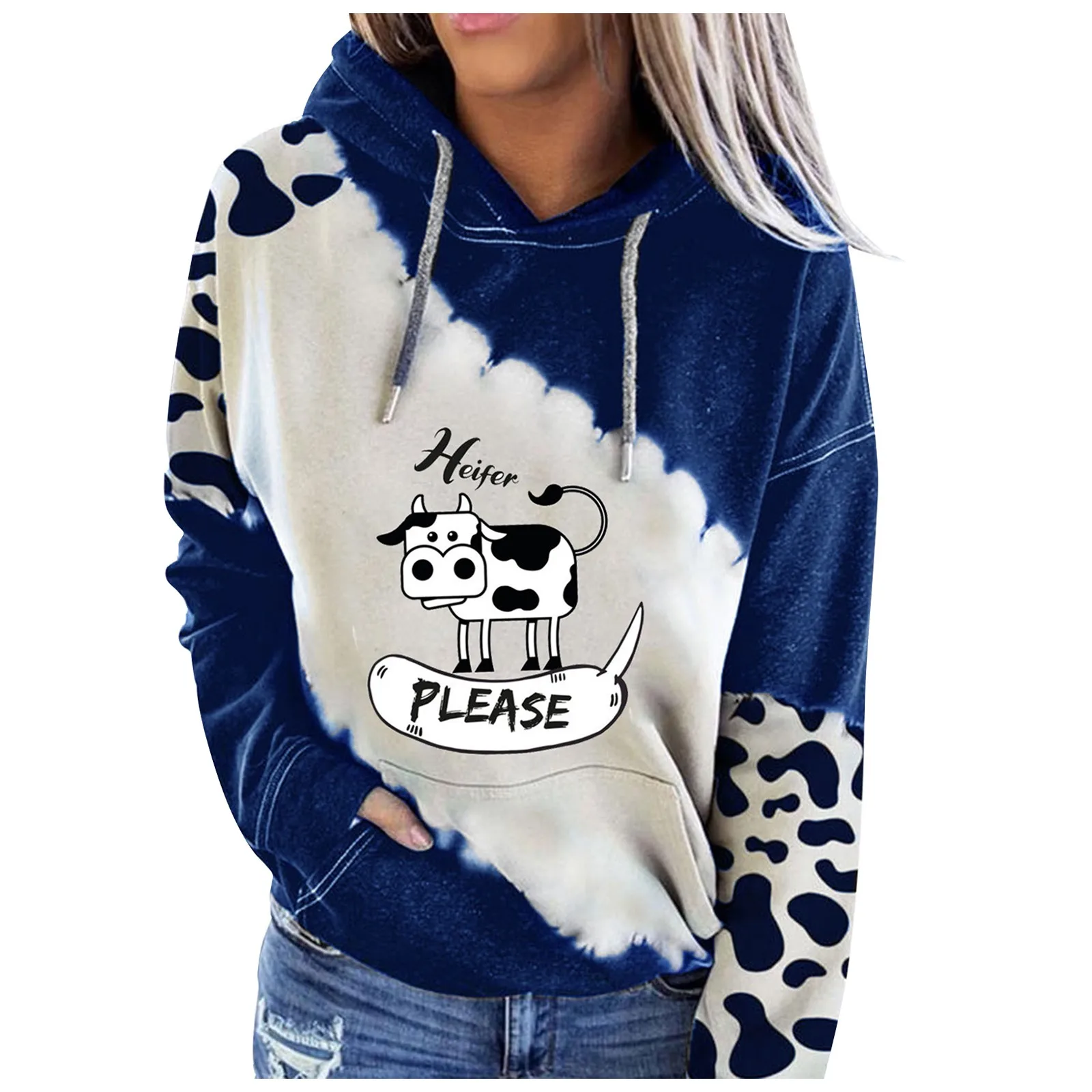 Kawaii Sweatshirts Cute Cow Print Hoodies Women Harauku Patchwork