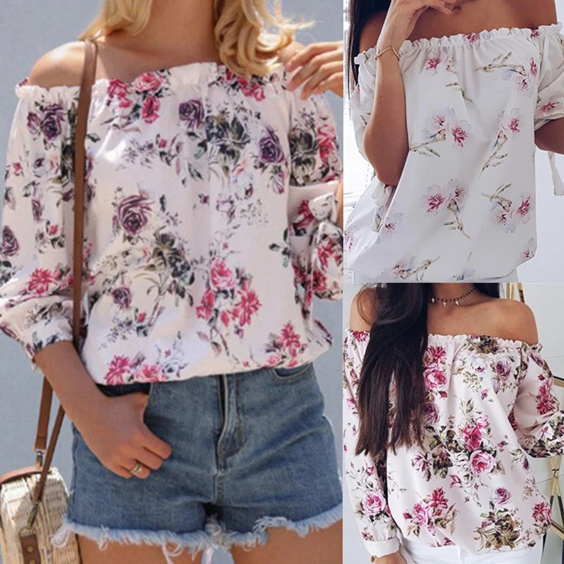 Spring Womens Floral Off Shoulder Tops New Ladies Sexy Large Size Pink White T-shirt Autumn Woman Floral 3/4 Sleeve T Shirts