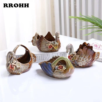 

Kiln Glazed Ceramic Crafts Handmade Flowers Embellished Swan Jar Can Be Used As Fleshy Flower Pot Interior Decoration Ashtray
