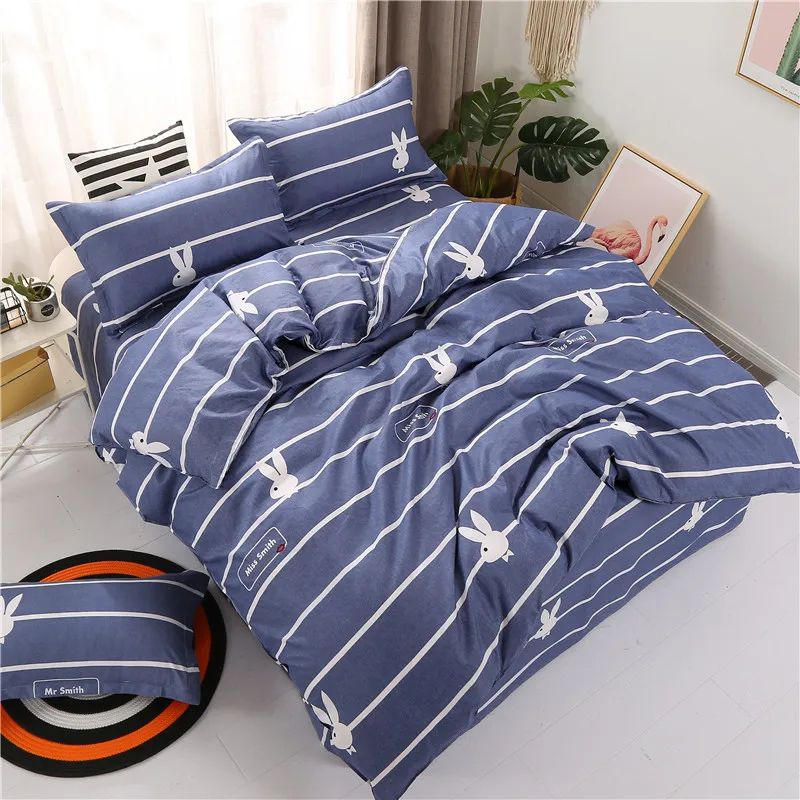 Pure Color Plaid Printed Bedding Sets 4pcs 100% Polyester Bedding Sets Duvet Cover Bed Sheet Bed Clothes with Pillowcases