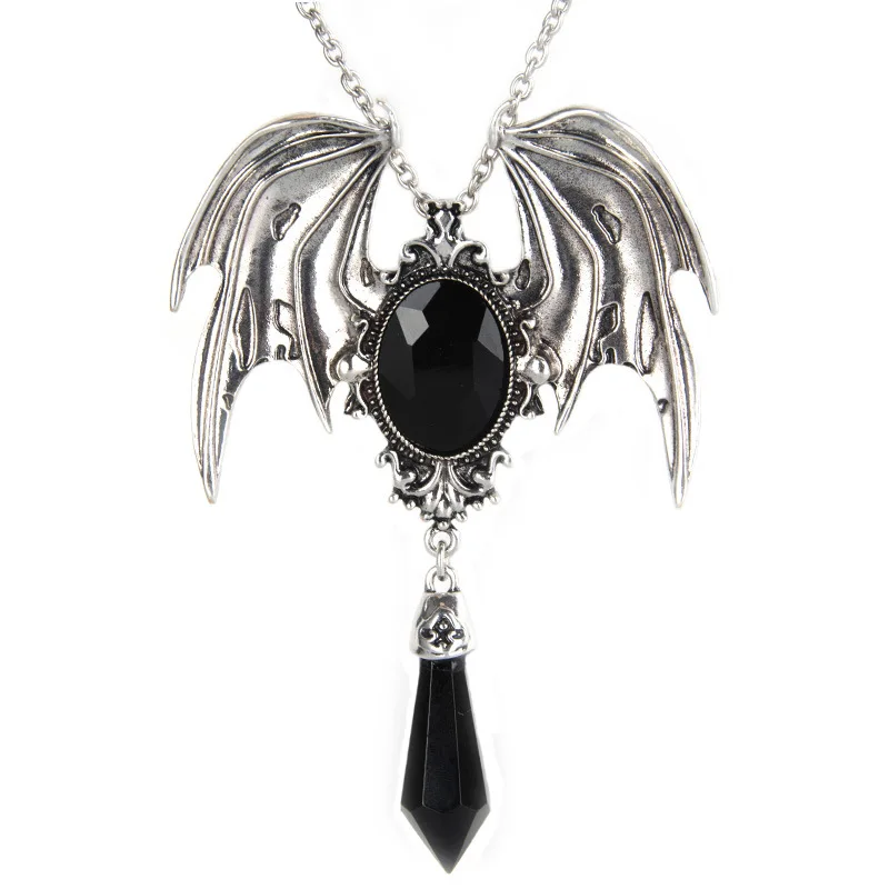 Готический Хэллоуин ожерелье синий кристалл вампир подвеска «летучая мышь» синий черный кристалл чокер-ожерелье в стиле панк ювелирные изделия - Окраска металла: Black