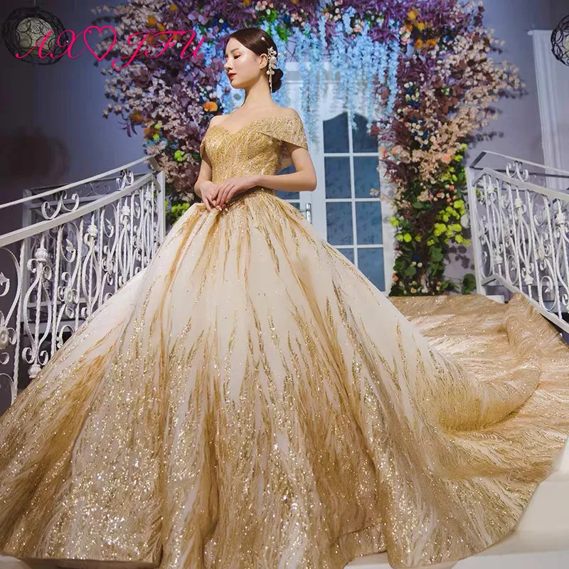 Axjfu Luxury Princess Beading Crystal Golden Lace Boat Neck Bride Sparkly Train Ruffles Golden Ball Gown Wedding Dress Wedding Dresses Aliexpress
