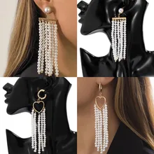 

Vintage Imitation Pearl Heart Long Tassel Drop Earrings Statement Jewelry for Women Metal Pearls Fringed Dangle Earring Gift