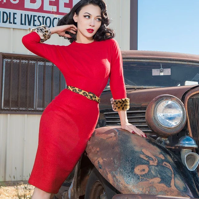 Vestido de tubo vintage de los años 50 para mujer, pinup clásico vestido  rojo, vestidos de talla grande - AliExpress