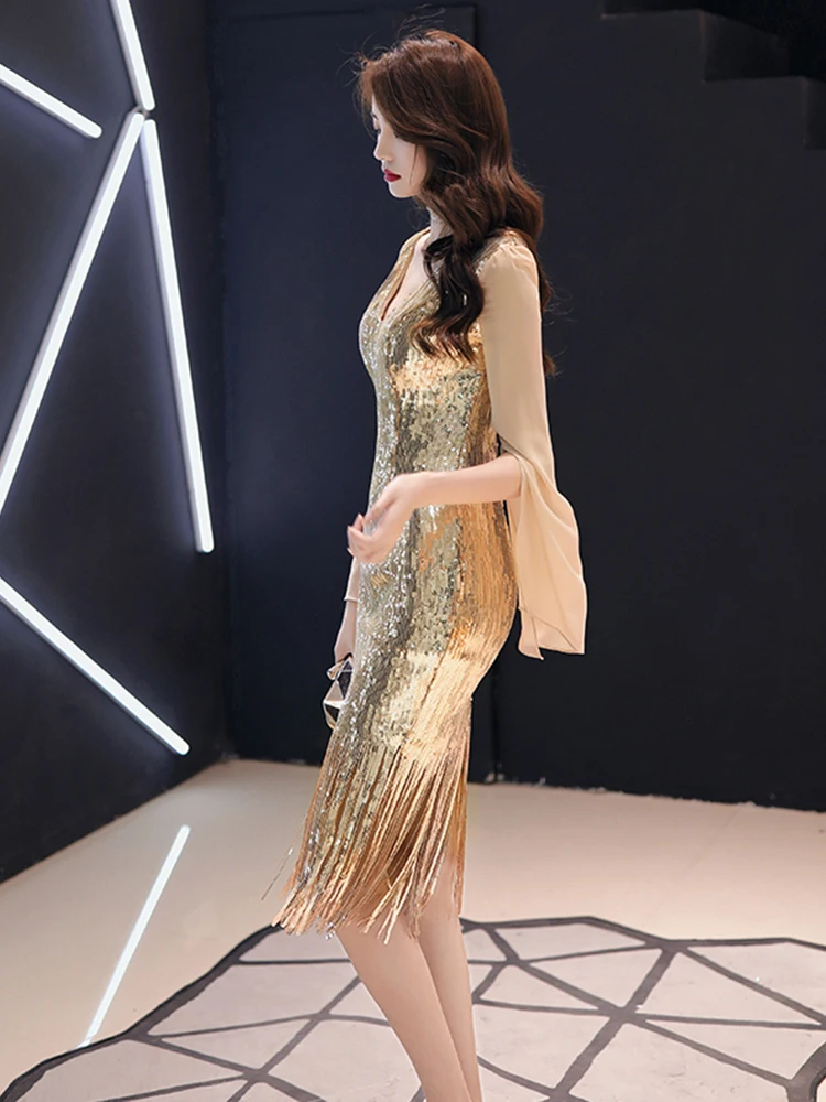 Skkyue вечернее платье с длинным рукавом Robe De Soiree с открытой спиной Женские вечерние платья плюс размер v-образным вырезом с блестками вечерние платья F001