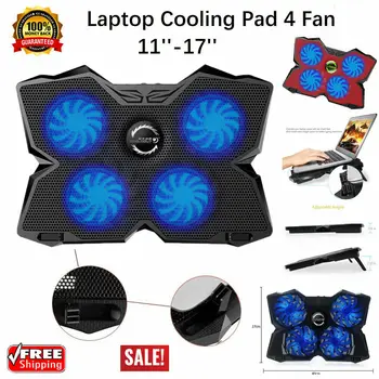 

17" Laptop Cooling Pad 4 Quiet Fans Cooler Chill Mat LED Light Adjust Holder Hub With 2 USB Port USB Powered